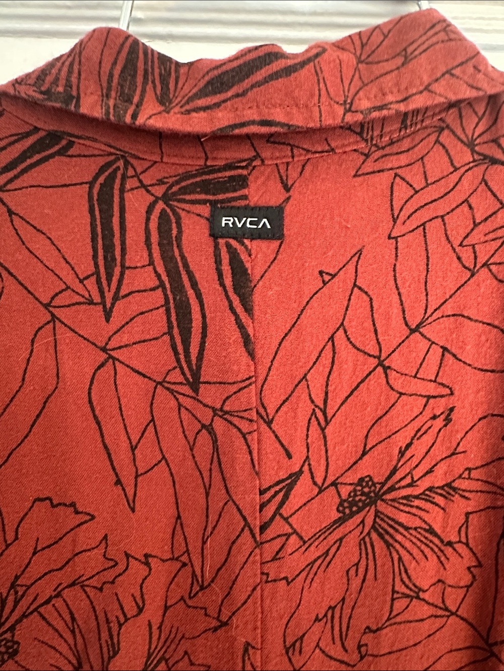RVCA Rust Red Short-Sleeve Button Midi Dress with Black Leaf Print - Picture 3 of 5